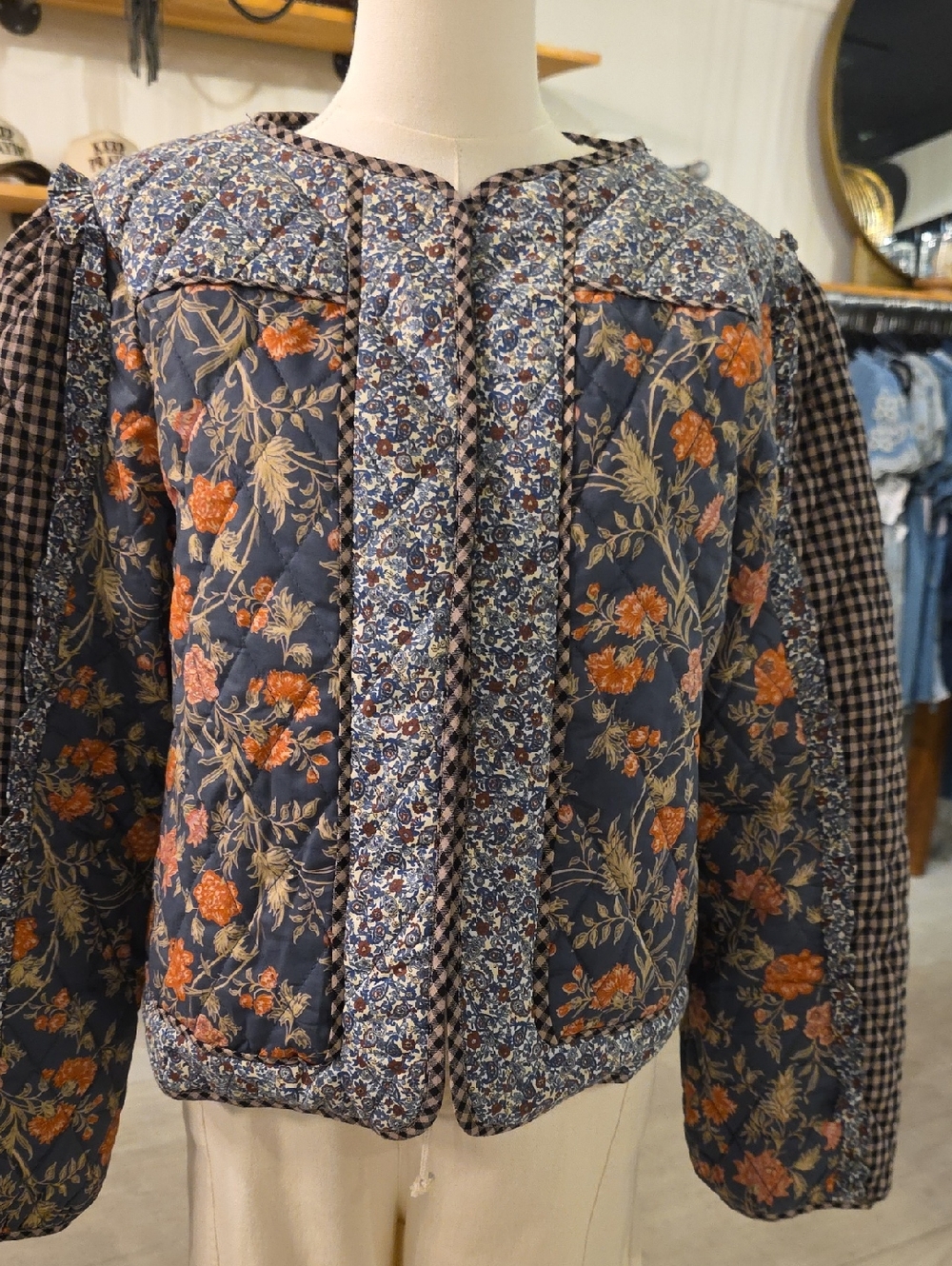 Floral Quilted Puffer Jacket in Navy and Orange